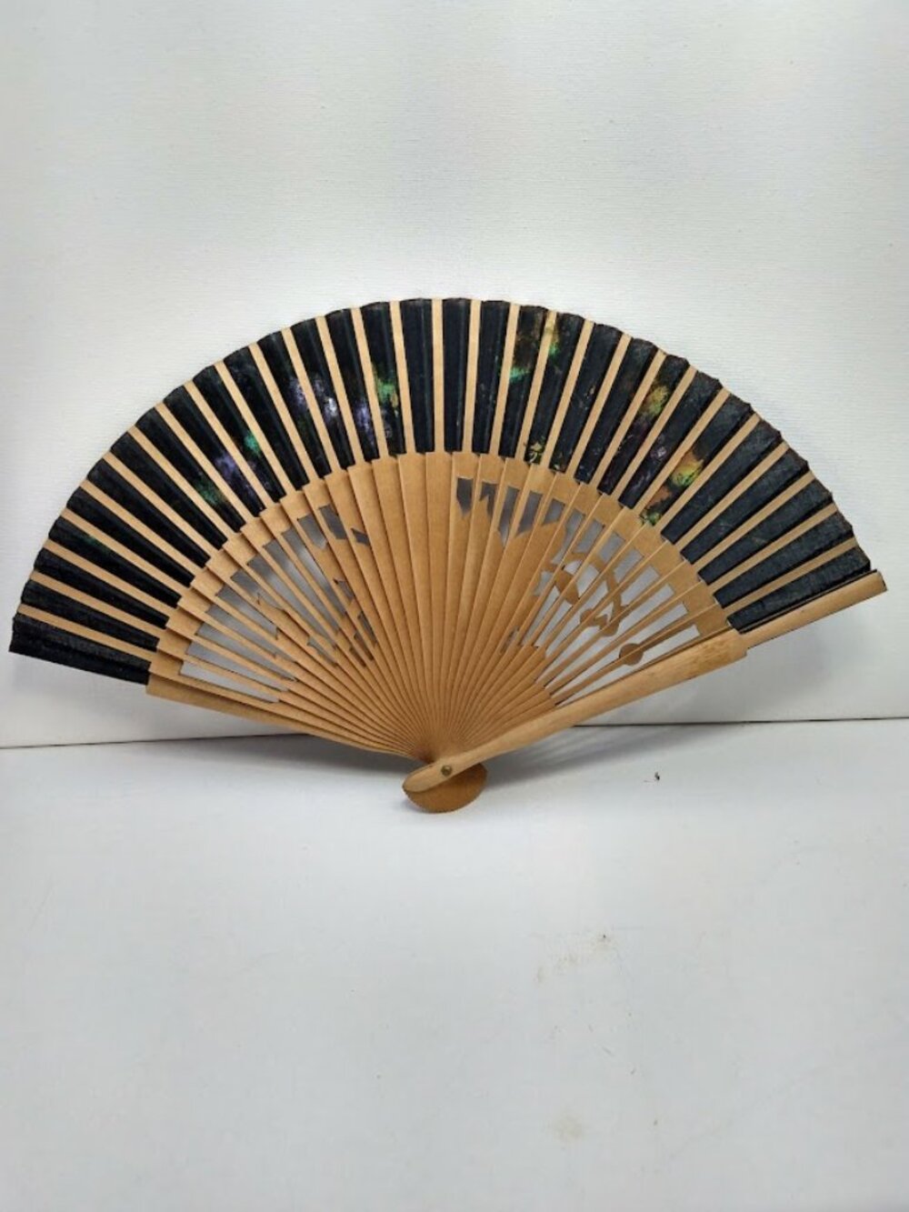 Antique Folding Fan Hand Painted Fabric Carved Wood Ribs Black with Floral - Picture 6 of 16
